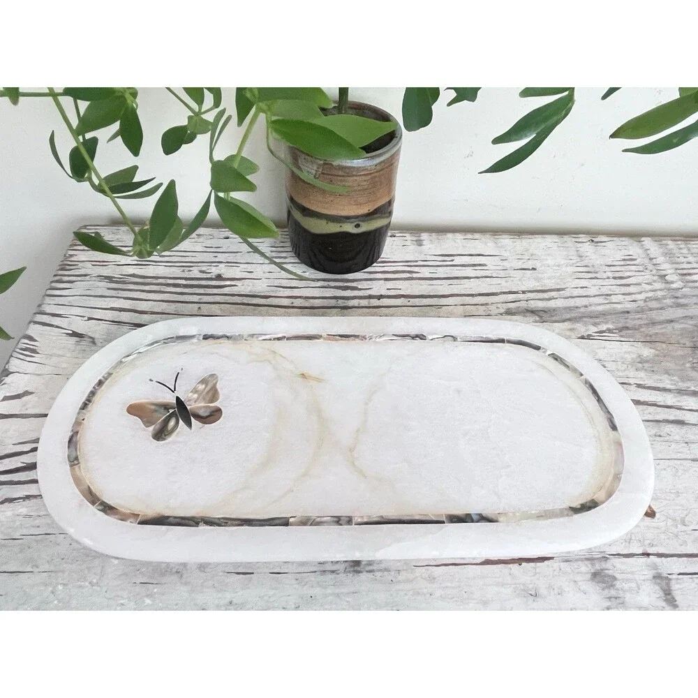 Vintage White Quartz Butterfly Mother-Of-Pearl Inlay Decorative Trinket Tray 12”